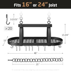 KES 48 Inch Large Hanging Pot Rack, Heavy Duty Oval Pot and Pan Hanging Rack Ceiling Mount, Pot Pan Hangers for Kitchen with 20 Hooks, Matte Black, (For 16" and 24" Joist Mount), KUR225S122-BK
