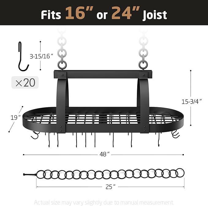 KES 48 Inch Large Hanging Pot Rack, Heavy Duty Oval Pot and Pan Hanging Rack Ceiling Mount, Pot Pan Hangers for Kitchen with 20 Hooks, Matte Black, (For 16" and 24" Joist Mount), KUR225S122-BK