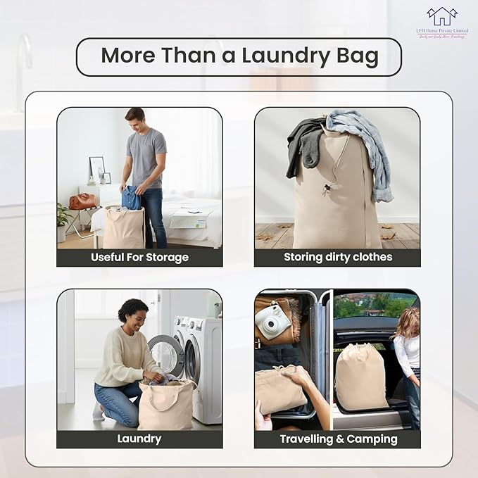 LFH Home Cotton Canvas Extra Large Laundry Bag with Handle, Heavy Duty Drawstring Closure Washable Laundry Bags School Travel, Home, Hotel, College Dorm, Organizer Sack, 24x36-Natural