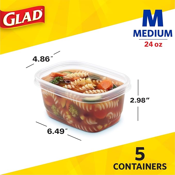 Glad GladWare Medium Rectangle Food Storage Containers with Lids, BPA Free Plastic for Soups Salads and Meal Prep, Airtight Leak Resistant, Microwave Dishwasher Freezer Safe, 24 Oz, 5 Count - 6 Pack