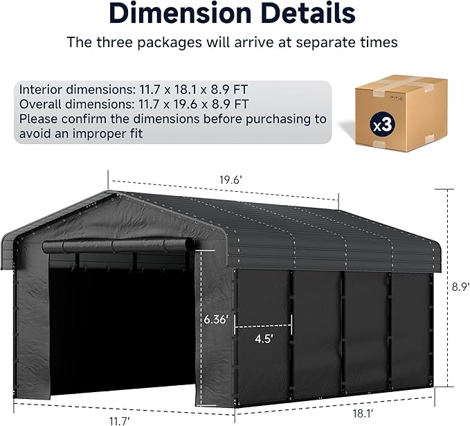 12x20FT Heavy Duty Metal Carport, Outdoor Carport with Galvanized Steel Frame and Roof, Multi-Use Car Garage Shelter with Removable Sidewalls, Enclosed for Cars, Pickup, Tractors, Tools, Gray