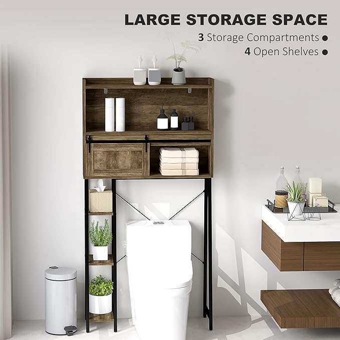 HOMCOM Over the Toilet Storage Cabinet, Freestanding Over Toilet Bathroom Organizer with Sliding Door, 3 Storage Compartments and 4 Open Shelves, Distressed Brown