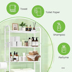 3-Tier No-Drill Over Toilet Storage Rack - White Metal Bathroom Organizer with Hooks & Paper Holder for Small Space