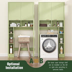 31" W Over The Toilet Storage Cabinet with Fluted Door, Green Bathroom Organizer with Adjustable Shelf, 67''H Tall Natural Toilet Paper Holder Stand Wave Door for Restroom, Laundry Room