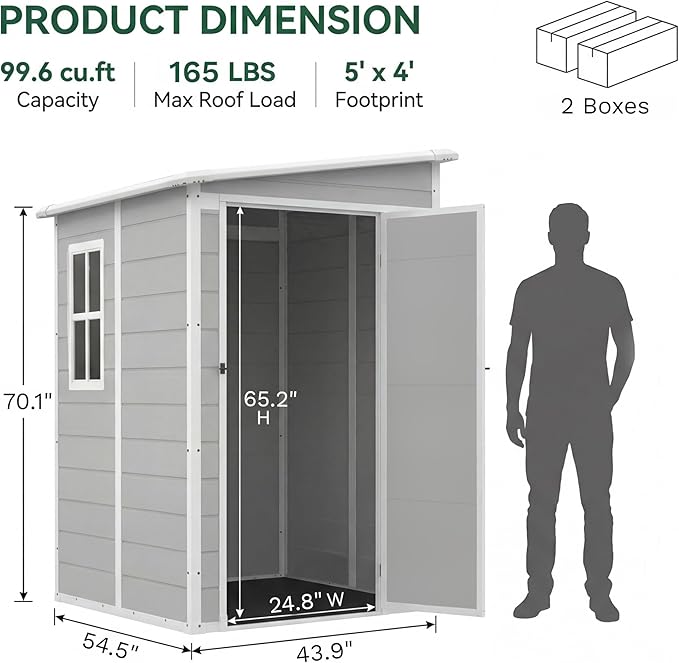 Devoko 5x4 FT Plastic Storage Shed with Floor, Waterproof Resin Outdoor Tool Shed with Lockable Door, Outside Garden Shed for Backyard Patio Lawn, Light Grey