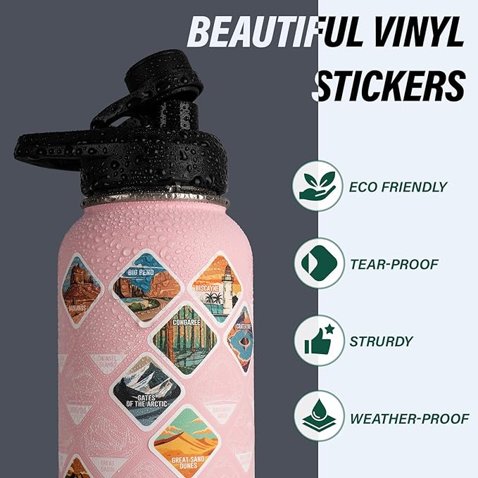 National Parks Water Bottle – 32 oz Insulated Stainless Steel Bottle with 63 Hand-Drawn Park Stickers, Carrier Bag, Strap & Gift Box – BPA-Free – Ideal for Hiking, Camping & Travel