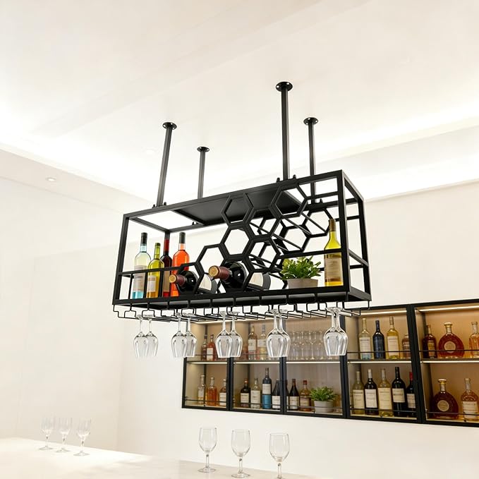 Ceiling Mounted Wine Rack with Glass Holder, Black Iron Hanging Wine Bottle Storage, 39.37x11.81x15.75 Inch, 150lbs Capacity, Modern Rectangular Design