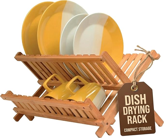 Dish Drying Rack - Bamboo Dish Rack for Kitchen Counter, Collapsible 2-Tier Wooden Drying Rack for Dishes, Plates, Cups, Utensils - Foldable Dish Drainer, Space-Saving Kitchen Drying Rack Organizer