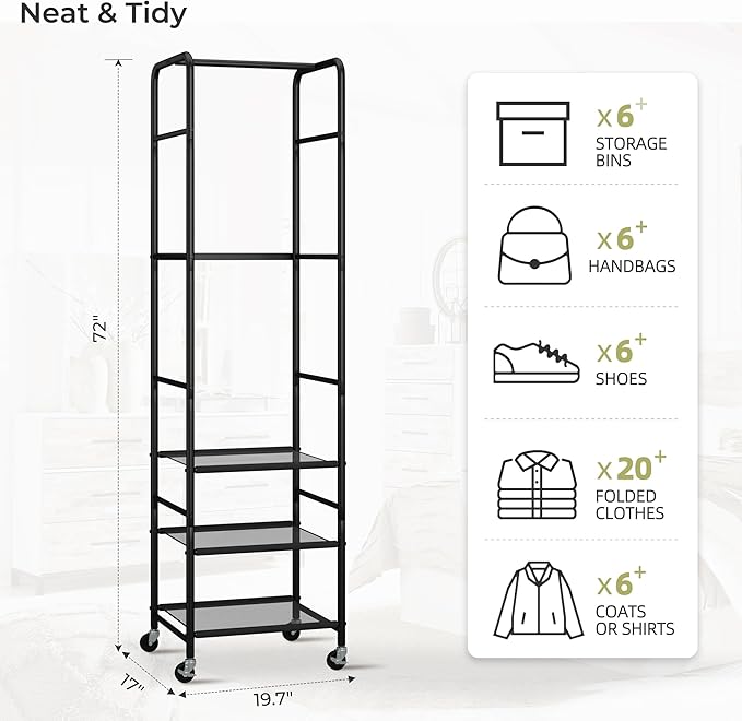 Small Clothes Rack with 3 Shelves, 72 Inches Tall Coat Garment Rack with Wheels, Display Clothing Racks for Hanging Clothes for Entryway, Hallway, Bedroom, Office, Living Room, Black