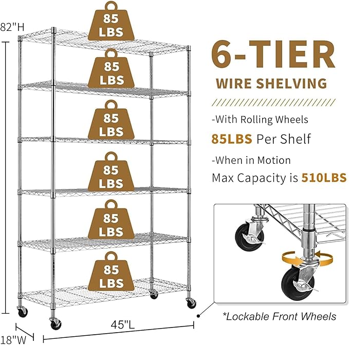 6-Tier Storage Shelves 45" x 18" x 82" Heavy Duty Metal Shelving Unit 2100Lb Capacity Adjustable Storage Racks with Wheels NSF Garage Wire Shelf for Basement Commercial, Chrome