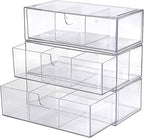 Acrylic Pencil Drawer with Removable Dividers Clear Pull Out Pen Drawer Organizer Stackable Bathroom Organizer for Makeup, Cosmetics, Office Supplies,3 Pack