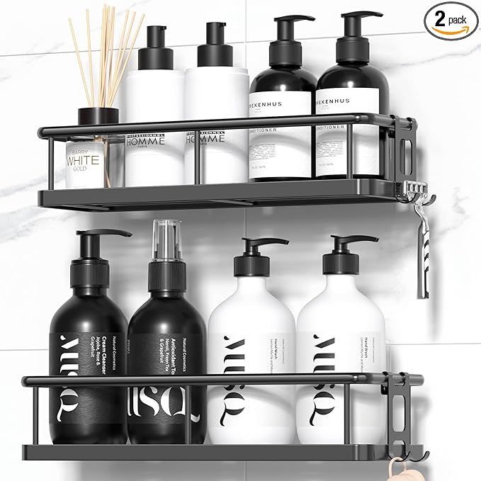 YASONIC Shower Caddy Adhesive, Rustproof Shower Shelves for Inside Shower, Large Capacity Bathroom Organizers and Storage, Shower Storage with Removable Hooks, No Drill Bathroom Accessories Black