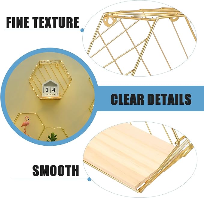 Wall-Mounted Iron Storage Rack Punch-Free Decorative Hexagon Shelf Gold Finish with Hooks for Bathroom and Living Room Organization