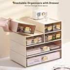 2PACK Stackable Desktop Storage Organizer Plastic Desk Organizer with Drawer Stacking Drawer for Pantry, Locker, Makeup, Vanity, Garage and Small Organization(M - 1 Drawer, Cream White)