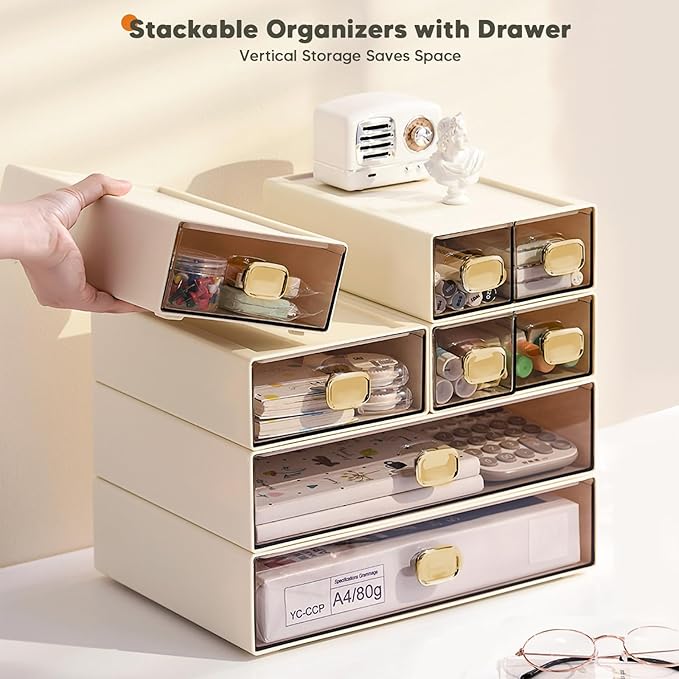 2PACK Stackable Desktop Storage Organizer Plastic Desk Organizer with Drawer Stacking Drawer for Pantry, Locker, Makeup, Vanity, Garage and Small Organization(M - 1 Drawer, Cream White)