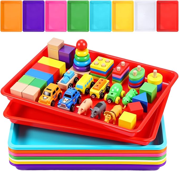 Maitys 15 Pcs Flat Plastic Trays 16.1 x 11.8'' Sensory Storage Paper Tray Stackable Classroom Bins for Office Home Organizer Crafts Supplies (Vivid Color)