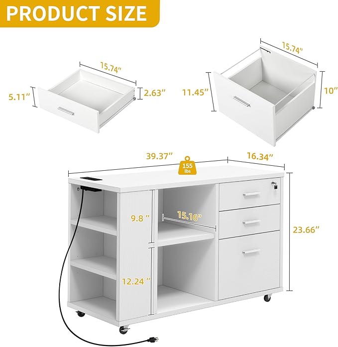 DWVO File Cabinet with Charging Station, 3 Drawer Mobile Office Furniture, Lateral Filing Cabinet with Lock, Printer Stand with Open Storage Shelf for Home Office, White