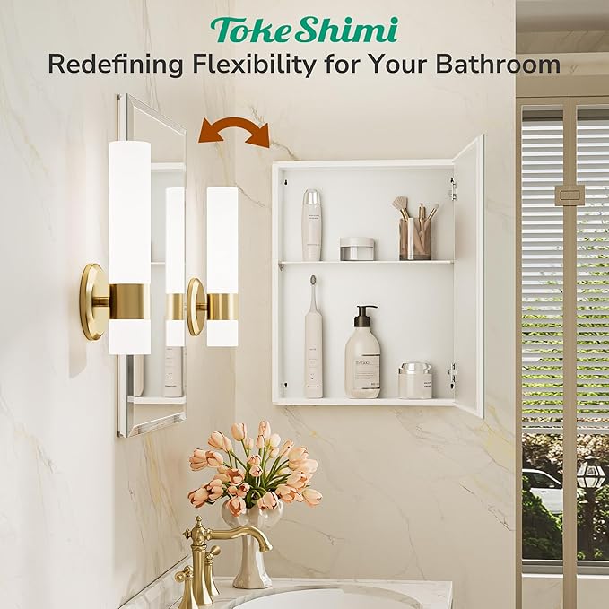 TokeShimi 14 x 18 Recessed Medicine Cabinet for Bathroom, Assembly Required, White Medicine Cabinet with Mirror, Tempered Beveled Mirror, Stepless Adjustable Shelves, DTC Hinge