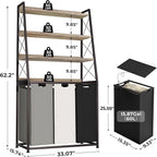 Laundry Basket, 3 Section Laundry Hamper with 4 Tiers Shelf, Pull-Out and Removable Laundry Bags, Large 3 x 15.87 Gallons, for Laundry Room Bathroom Greige PF05XLZ