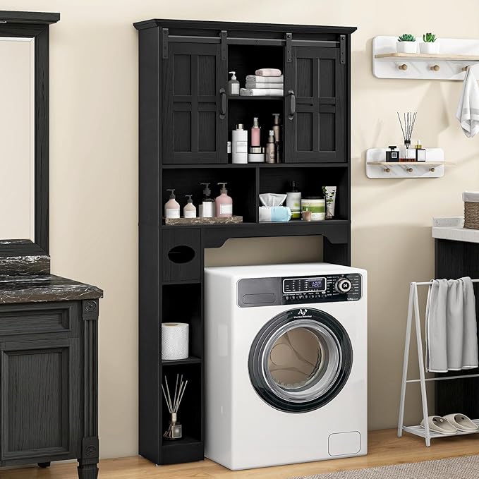 Vabches Farmhouse Over The Toilet Cabinet with Sliding Doors, Home Space-Saving Toilet Rack with Toilet Paper Holder Stand and Open Storage Shelf, for Restroom, Bathroom, Laundry.Pure Black