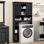 Vabches Farmhouse Over The Toilet Cabinet with Sliding Doors, Home Space-Saving Toilet Rack with Toilet Paper Holder Stand and Open Storage Shelf, for Restroom, Bathroom, Laundry.Pure Black