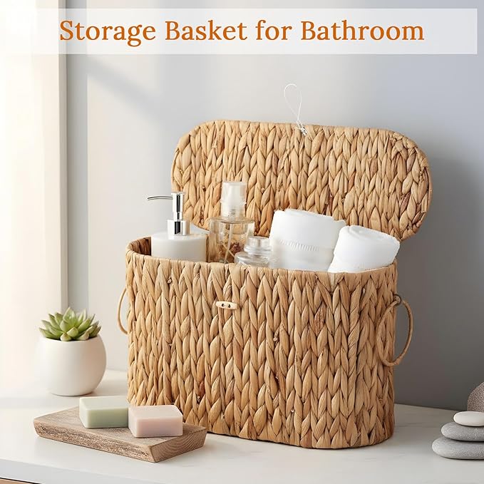 Toilet Paper Storage Basket, Water Hyacinth Slim Toilet Paper Holder with Lid for 6 Regular Rolls Hand-Woven Wicker Rattan Home Decor Bathroom Accessories Organizer