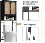 Rattan Toilet Storage Cabinet, Over The Rack Wood Cabinet with Metal Stand, Bathroom Organizer with Adjustable Shelf, Tall Freestanding Washer Shelf, Small Cupboard, Black
