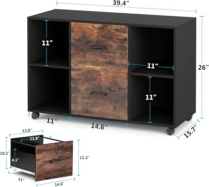 LITTLE TREE 2 Drawer File Cabinet Large Mobile Lateral Filing Cabinet Letter Size for Home Office, Rustic Brown