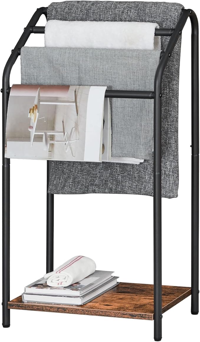 HOOBRO Freestanding Towel Rack, 4 Tier Blanket Rack Stand, 16.3"L x 11.2"W x 31.3"H, Blanket Ladder Holder, Quilt Rack, Drying and Display Rack, Living Room, Bathroom, Rustic Brown and Black BF64LB01