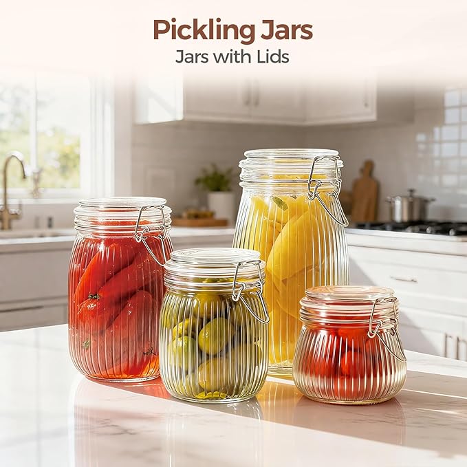 ComSaf 25oz Fluted Glass Mason Jars - Set of 6 Vintage Canisters with Airtight Lids for Sourdough Starter, Pickling, Coffee & Pantry Organization, Farmhouse Kitchen Decor