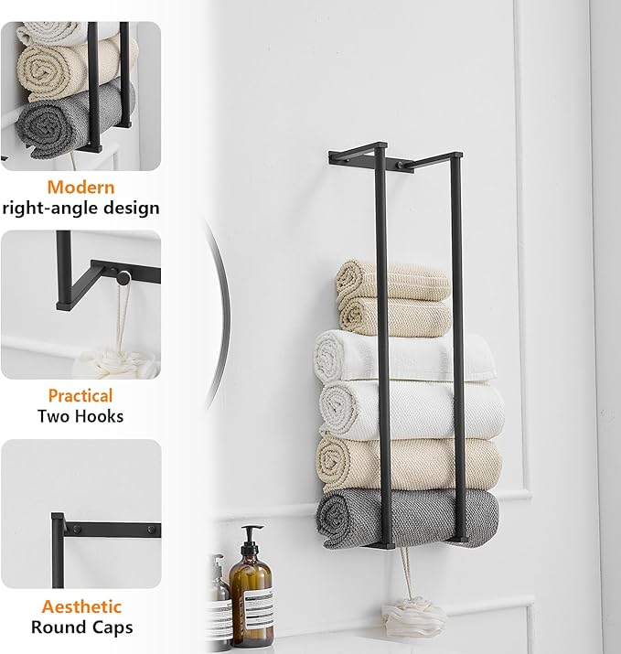 BWE Matte Black Towel Racks for Bathroom, 28" Stainless Steel Bathroom Towel Holder for Rolled Towels, Wall Mounted Towel Storage for Bathroom with 2 Hooks, 6 Large Bath Towels Capacity