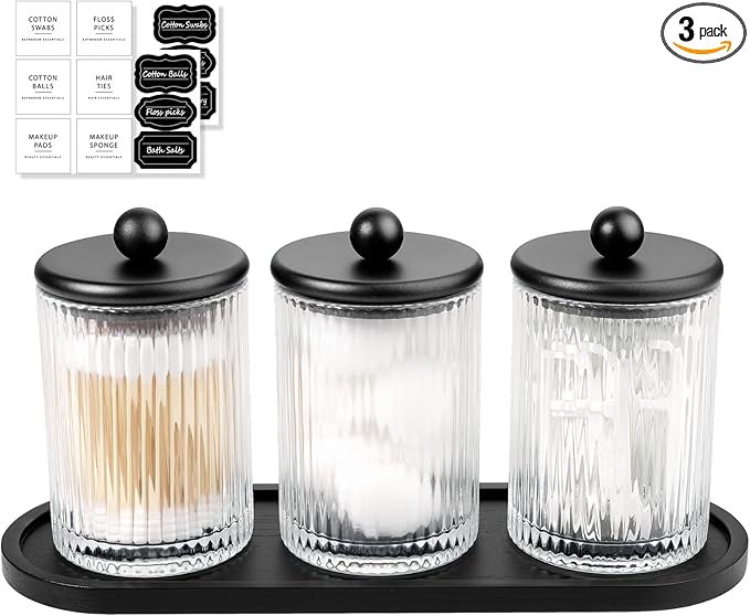 SheeChung 3-Pack Matte Black Glass Apothecary Jars with Bamboo Tray - Modern Industrial Bathroom Organizer Set for Cotton Rounds, Swabs & Flossers - Minimalist Vanity Storage Canister