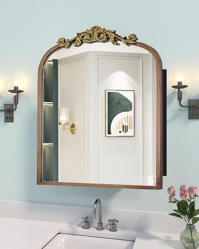 24x30 Inch Bathroom Medicine Cabinet Surface Mounted, Bronze Arched Medicine Cabinet with Mirror, All-Metal Black Medicine Cabinets with Hand-Painted Aluminum Door Frame, 2 Stable & Removable Shelves