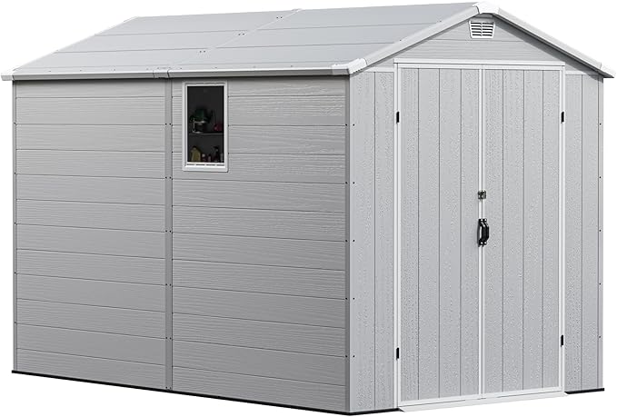 Greesum 6×10FT Plastic Outdoor Storage Shed with Floor, Resin Storaged Sheds with Lockable Double Door, Windows & Vents, All-Weather Tool Sheds for Garden, Patio, Backyard, Light Gray