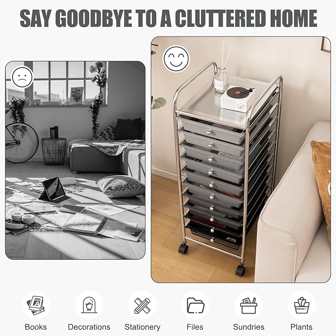 GOFLAME 10-Drawer Rolling Storage Drawer Cart, Utility Cart with Removable Drawers & Metal Frame, Mobile Art Craft Drawer Cart with Lockable Wheels for Home, Office, Studio, School, Gray Gradient