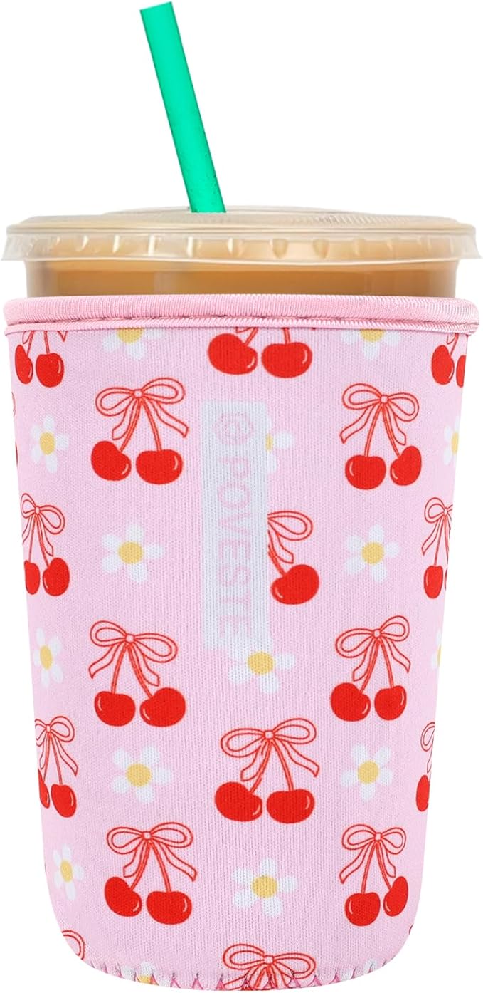 Reusable Neoprene Insulator Sleeve for Iced Coffee & Cold Soda, Coffee Sleeves for Iced & Hot Drinks, Cold Beverage Cooler Compatible with Starbucks, Dunkin (Cherry Bomb, Medium: 22-24oz)