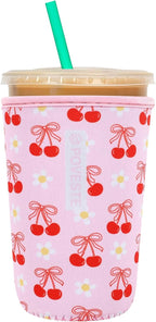 Reusable Neoprene Insulator Sleeve for Iced Coffee & Cold Soda, Coffee Sleeves for Iced & Hot Drinks, Cold Beverage Cooler Compatible with Starbucks, Dunkin (Cherry Bomb, Medium: 22-24oz)