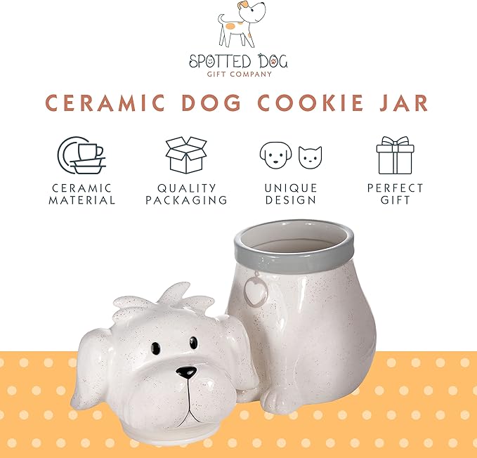 SPOTTED DOG GIFT COMPANY Ceramic Cookie Jar with Lid, Large Dog Treat Jar for Cookies & Biscuits, Cute Novelty Storage Container for Kitchen Counter, Gifts for Dog Lovers - 49oz White