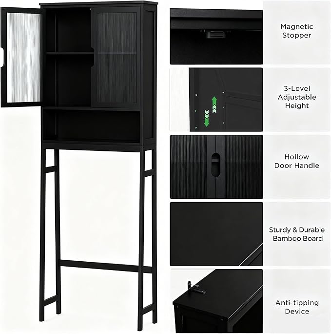 BAMBANG Over The Toilet Storage Cabinet, Bamboo Bathroom Over Toilet Storage Organizer with Adjustable Shelves and Double Doors, Above Toilet Storage Cabinet, Black