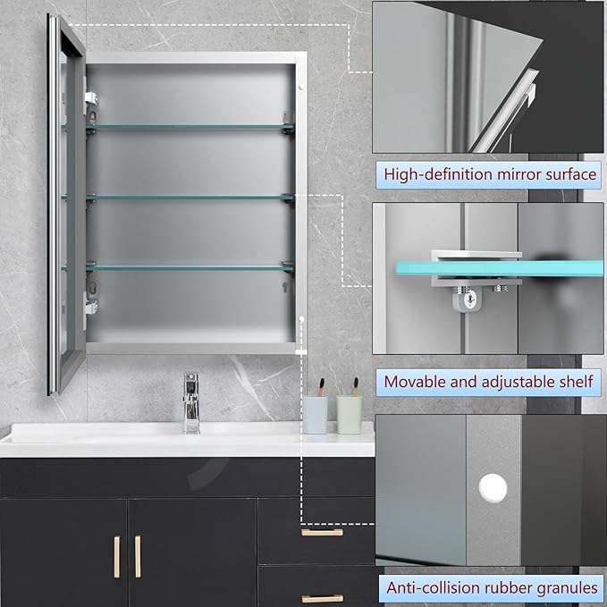 Medicine Cabinet Mirror with Storage, 16x26 inch Aluminum Bathroom Cabinet, Assembly Needed, Surface Mount or Recessed Wall Cabinet with Adjustable Glass Shelves for Bathroom Bedroom
