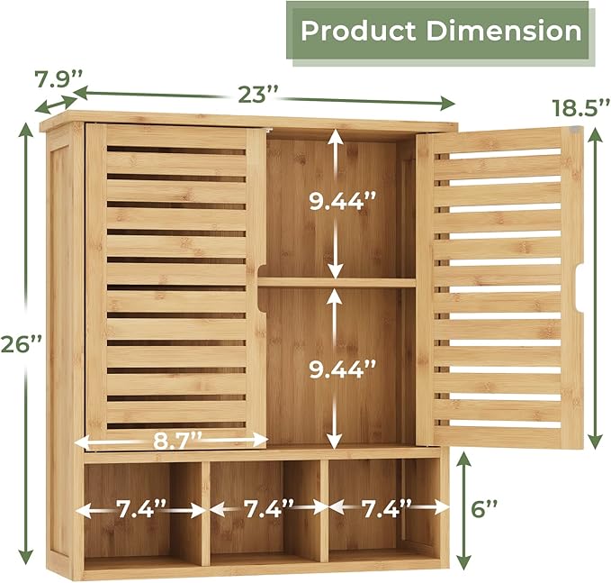 Bathroom Wall Storage Cabinet, Bamboo Medicine Cabinet with Doors and Adjustable Shelves, Bathroom Medicine Cabinet Wall Mount, Wall Mounted Over-The-Toilet Storage Cabinet