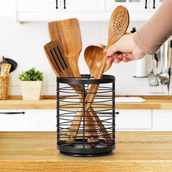 360° Rotating Utensil holder for Kitchen Counter,5.9"x5.9"x7.8" Large Round Utensils Holder with Wooden Base Matte Black Cooking Utensil Holder，Kitchen countertop Utensil Organizer (Rotating+Metal)