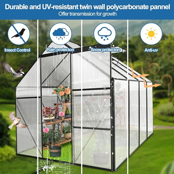 6 ft x 8 ft Aluminum Frame Greenhouse for Outdoor Use with Sloped Roof and Sliding Door for Garden Plant Protection (Black 6 * 8FT)