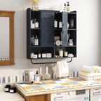 RUSTOWN Rustic Wood Wall Bathroom Cabinet, Farmhouse Medicine Cabinet Wall Mounted, Space Saving Wall Storage Cabinet with 2 Barn Door, 3-Tier Adjustable Shelves and Towel Bar(Navy Blue)