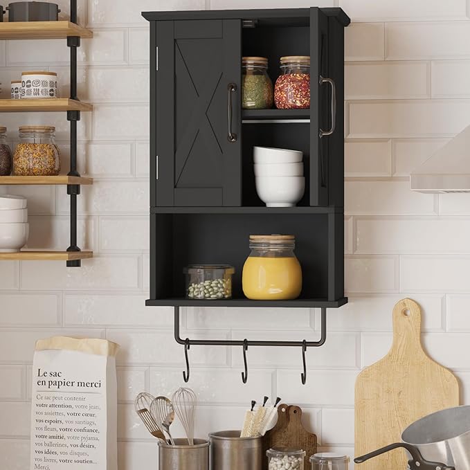 ChooChoo Farmhouse Medicine Cabinet, Bathroom Wall Cabinet with Adjustable Shelf, Towel Bar, 3 Hooks, Over The Toilet Storage Cabinet for Bathroom, Kitchen, 19.3''L, Black