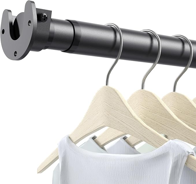 Closet Rods for Hanging Clothes, 17 to 28 Inch Stepless Adjustable Closet Rod, 1.3 Inch Diameter Metal Heavy Duty Closet Hanging Rod for Closet Wardrobes Laundry RV, Black