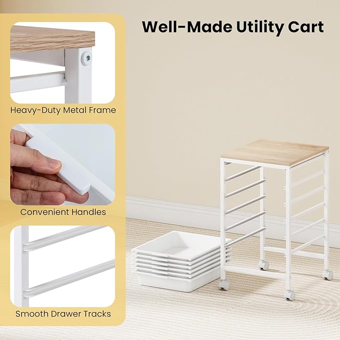 GOFLAME 6-Drawer Rolling Storage Cart, Craft Storage Cart with Wood Tabletop and Lockable Wheels, Art Cart Supply Storage Organizer with Metal Frame for Home Office Classroom, White