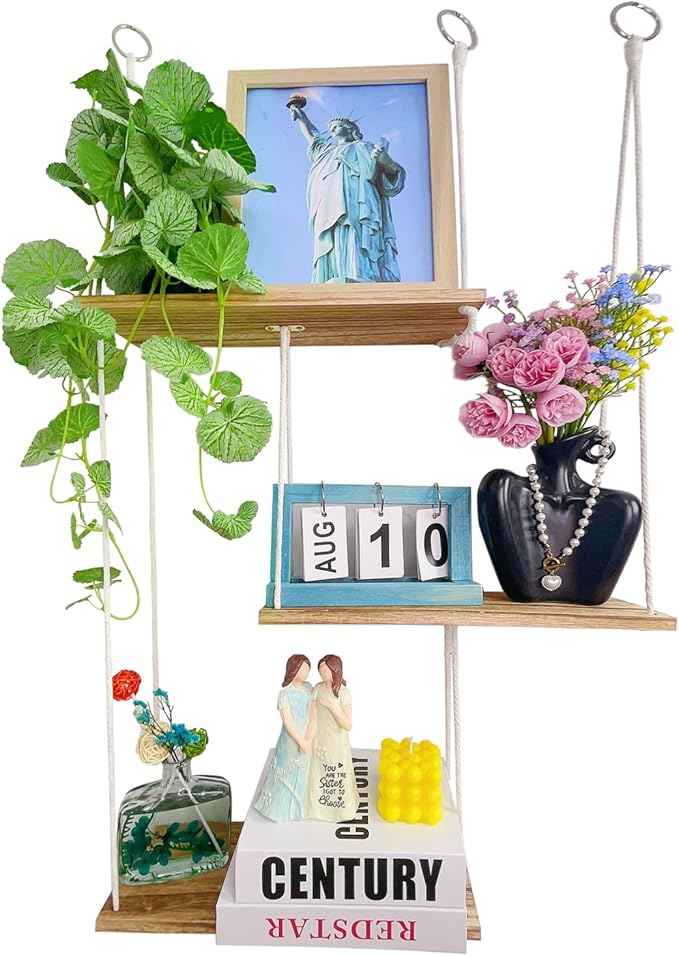 3-Tier Boho Hanging Shelves for Wall - Rustic Floating Wood Shelves with Rope, Macrame Plant Shelf Organizer for Home Decor - Farmhouse, Bohemian Style for Bedroom, Bathroom, Kitchen
