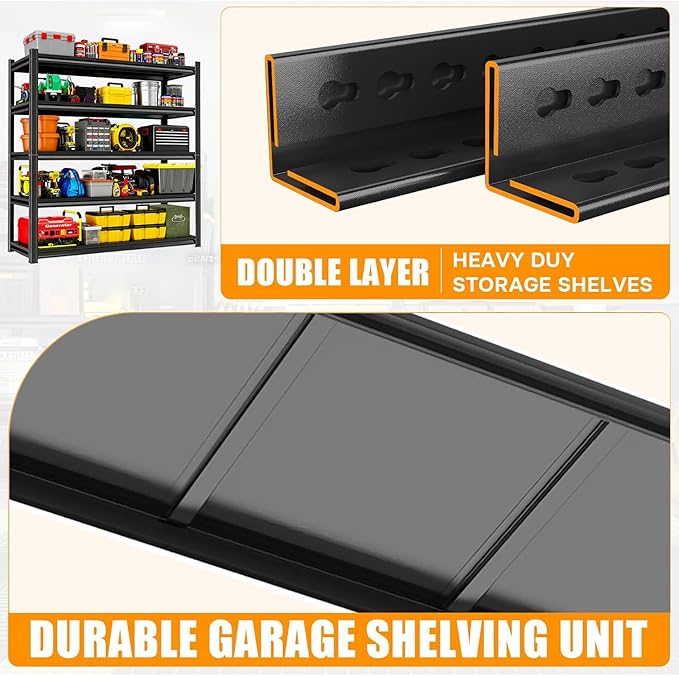 39.4''W Storage Shelves, 4-Tier Garage Metal Shelving Unit, Adjustable, Double-Layer Column with Reinforced Ribs, Heavy-Duty, Capable of Bearing 2800 lbs Suitable for Garage, Warehouse