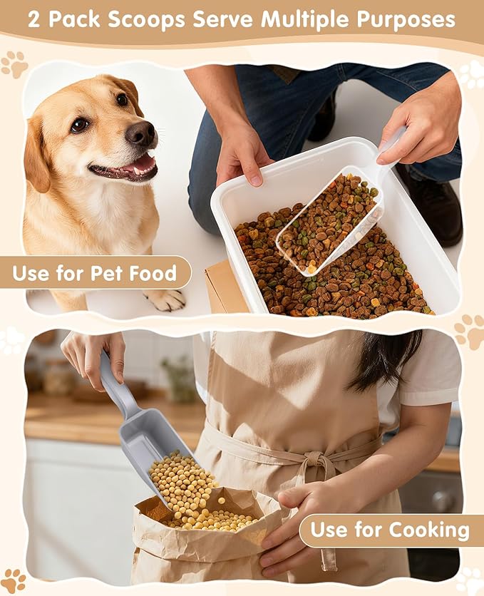 2-Pack Dog Food Scoop 1 Cup, Plastic Pet Food Measuring Scoop With Measuring Lines (1/2 & 1 Cup Markings) for Dogs, Cats, Fish, Bird（Transparent and Grey